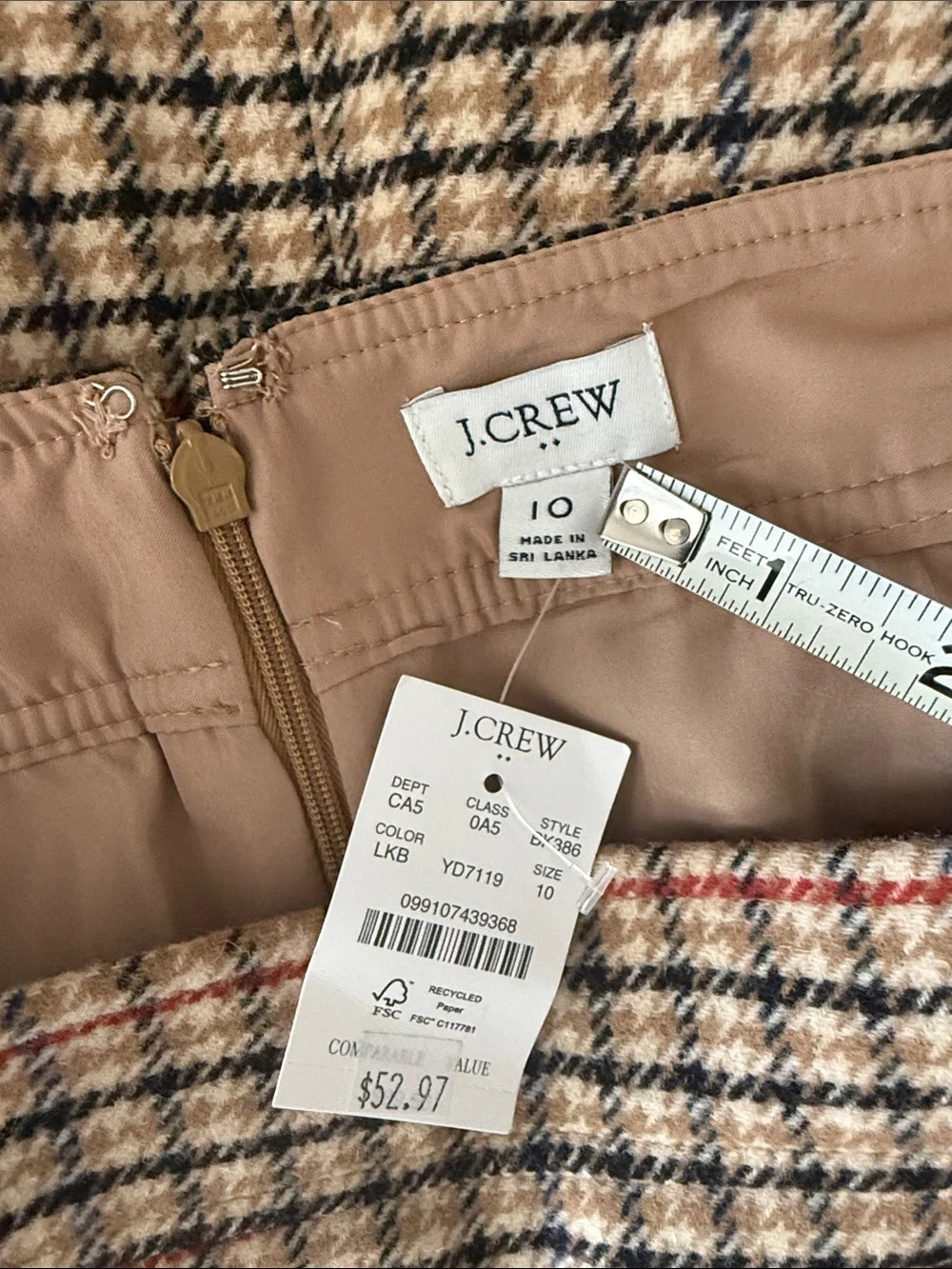 J. Crew Camel, Black & Cream Plaid Wool Skirt size 10